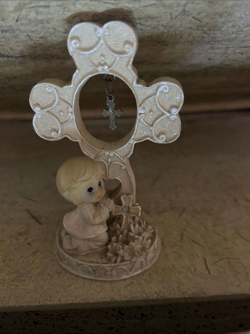 Precious Moments Ivory Religious Cross Figurine with Kneeling Child